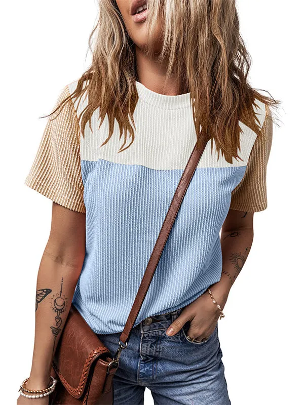 Loose Short Sleeves Contrast Color Split-Joint Round-Neck T-Shirts Tops