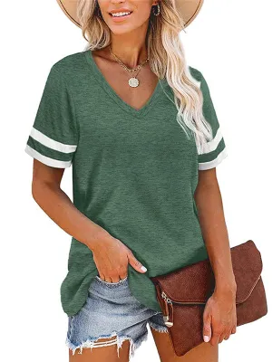 Loose Short Sleeves Contrast Color Striped V-Neck T-Shirts