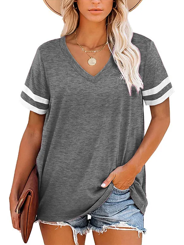 Loose Short Sleeves Contrast Color Striped V-Neck T-Shirts