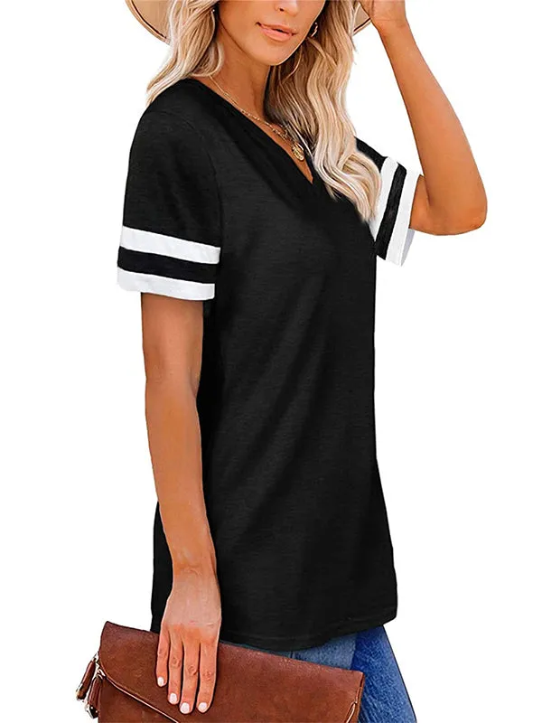 Loose Short Sleeves Contrast Color Striped V-Neck T-Shirts