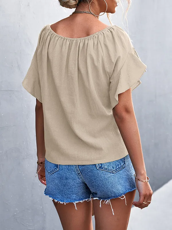 Loose Short Sleeves Elasticity Falbala Pleated Solid Color Tied Round-Neck T-Shirts Tops