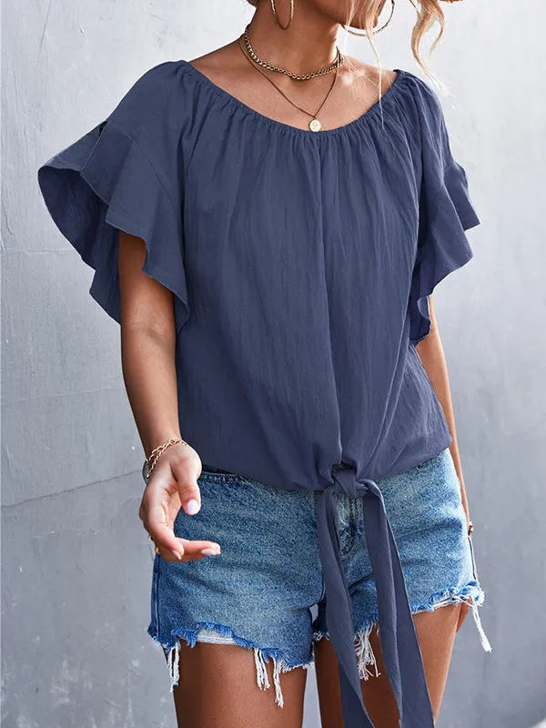 Loose Short Sleeves Elasticity Falbala Pleated Solid Color Tied Round-Neck T-Shirts Tops