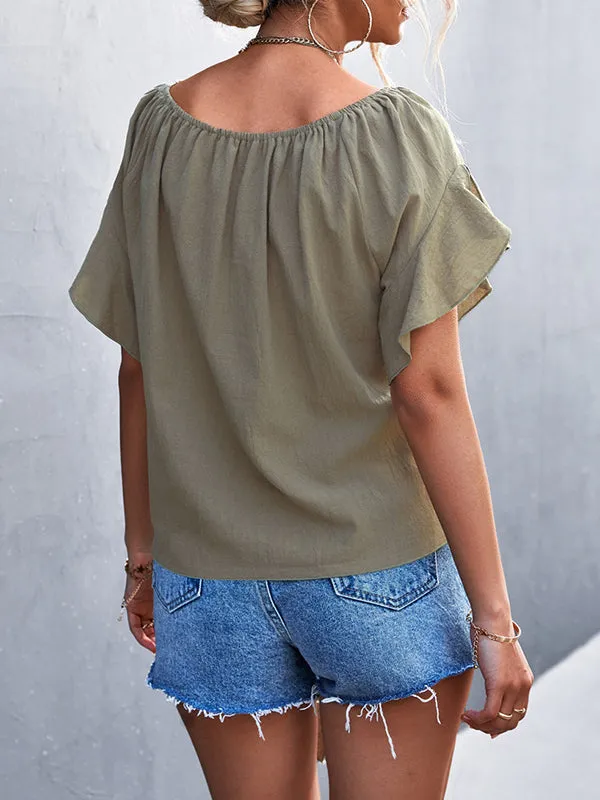 Loose Short Sleeves Elasticity Falbala Pleated Solid Color Tied Round-Neck T-Shirts Tops