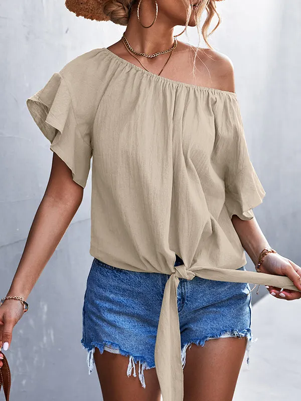 Loose Short Sleeves Elasticity Falbala Pleated Solid Color Tied Round-Neck T-Shirts Tops