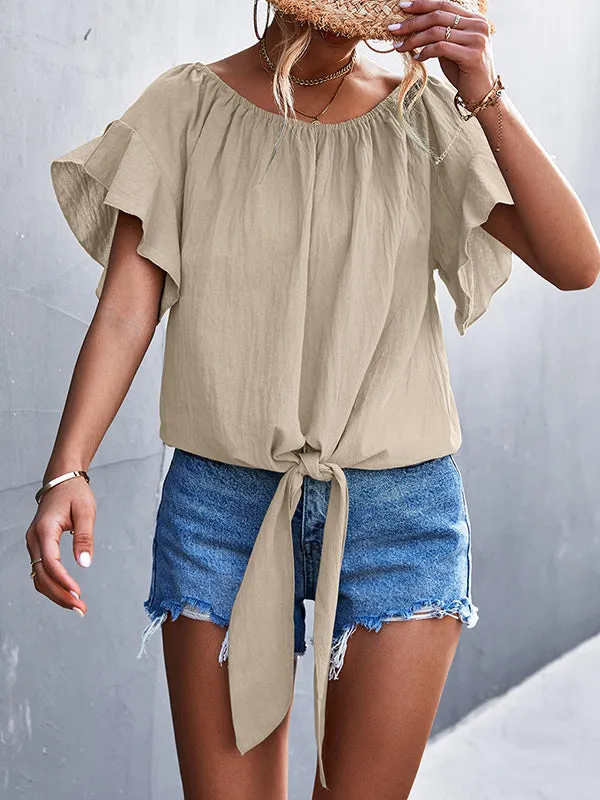 Loose Short Sleeves Elasticity Falbala Pleated Solid Color Tied Round-Neck T-Shirts Tops