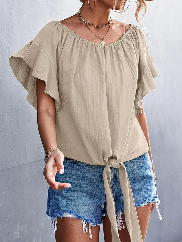 Loose Short Sleeves Elasticity Falbala Pleated Solid Color Tied Round-Neck T-Shirts Tops