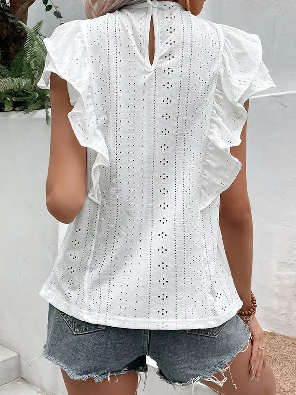 Loose Short Sleeves Floral Pleated Solid Color Split-Joint Round-neck T-Shirts Tops