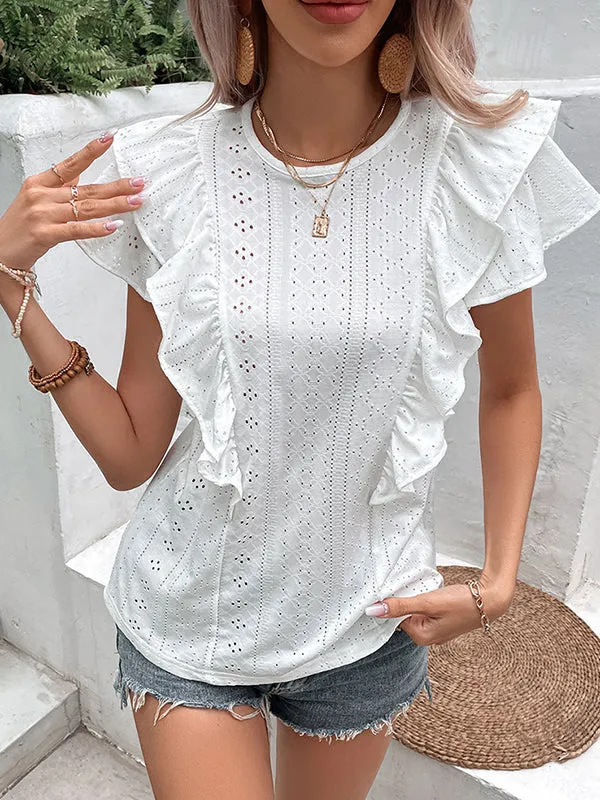 Loose Short Sleeves Floral Pleated Solid Color Split-Joint Round-neck T-Shirts Tops