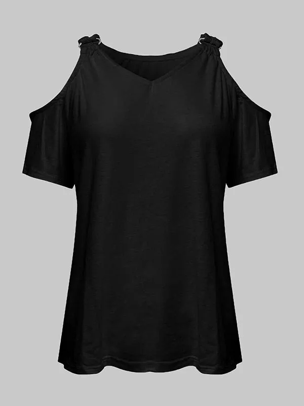 Loose Short Sleeves Solid Color Split-Joint Cold Shoulder T-Shirts Tops