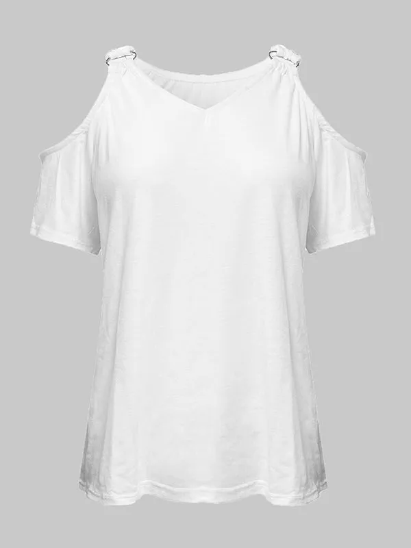 Loose Short Sleeves Solid Color Split-Joint Cold Shoulder T-Shirts Tops