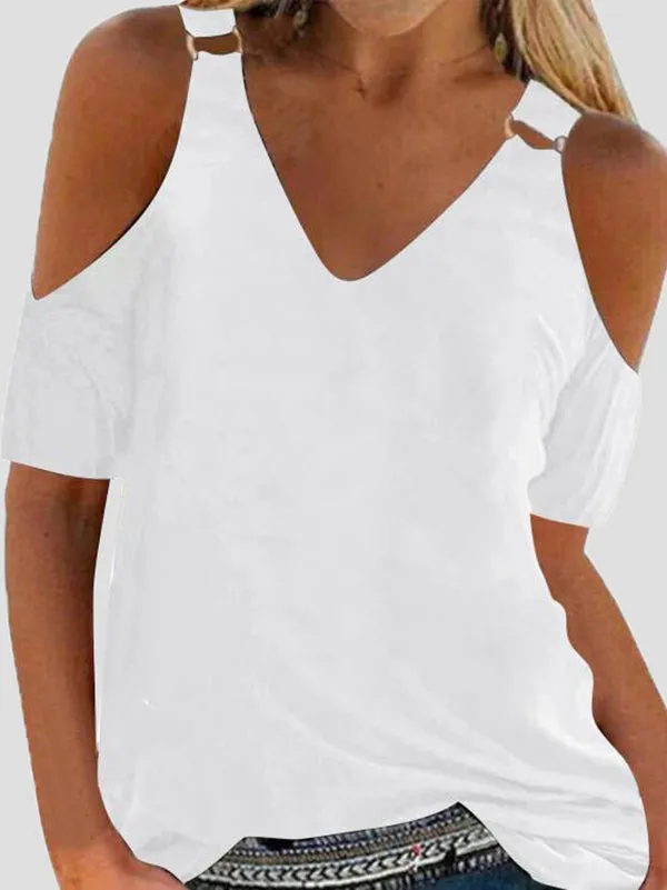 Loose Short Sleeves Solid Color Split-Joint Cold Shoulder T-Shirts Tops