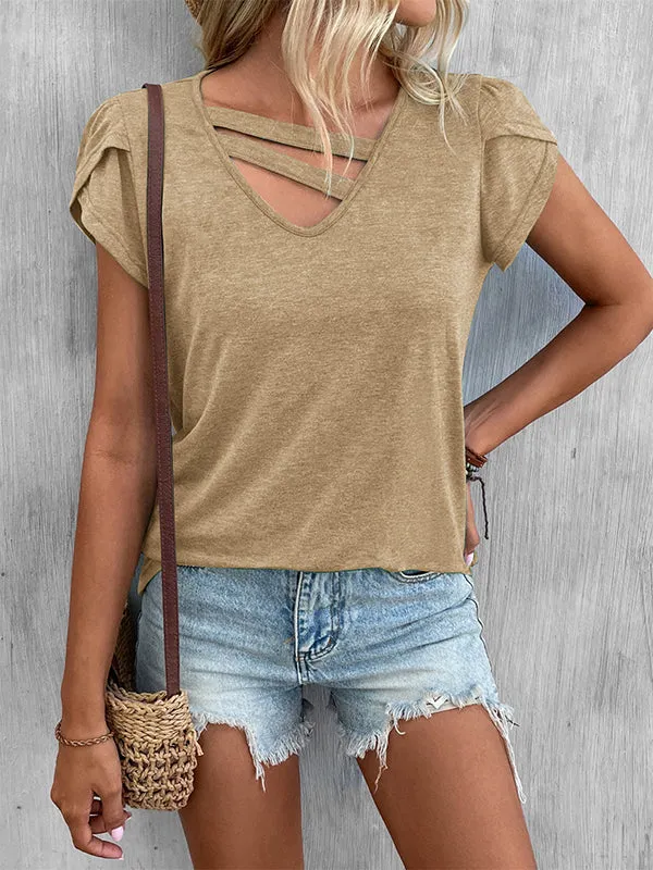 Loose Short Sleeves Solid Color V-Neck T-Shirts Tops