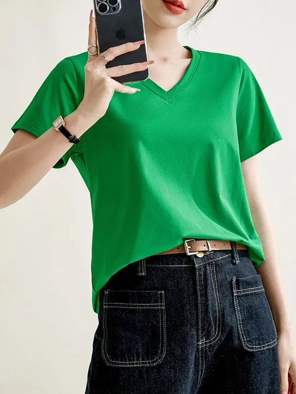 Loose Short Sleeves Solid Color V-Neck T-Shirts Tops