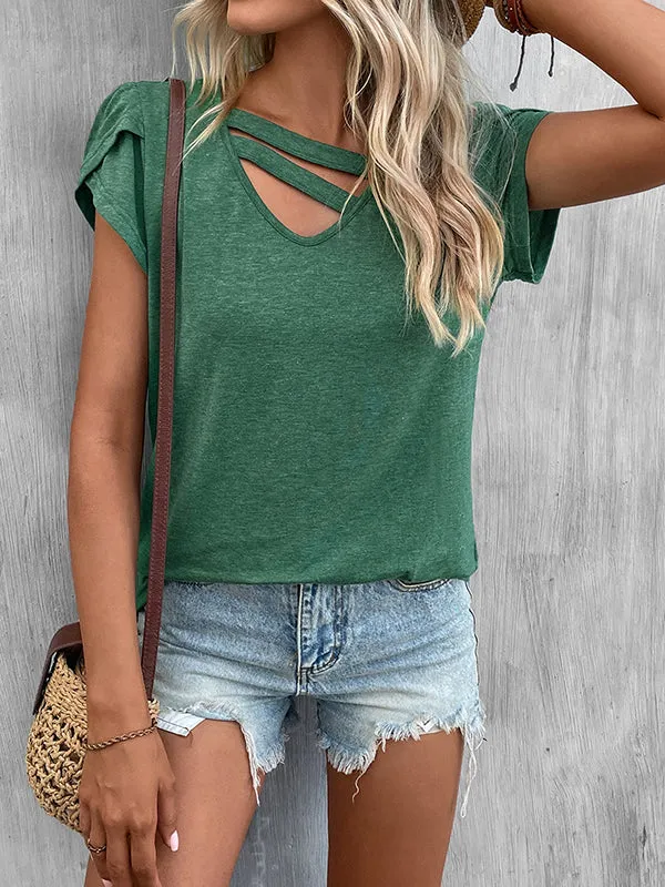 Loose Short Sleeves Solid Color V-Neck T-Shirts Tops