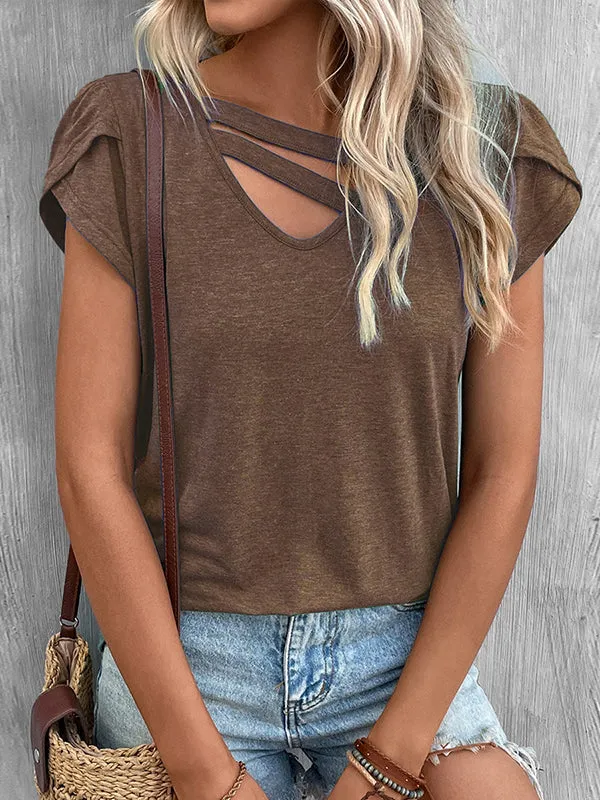 Loose Short Sleeves Solid Color V-Neck T-Shirts Tops