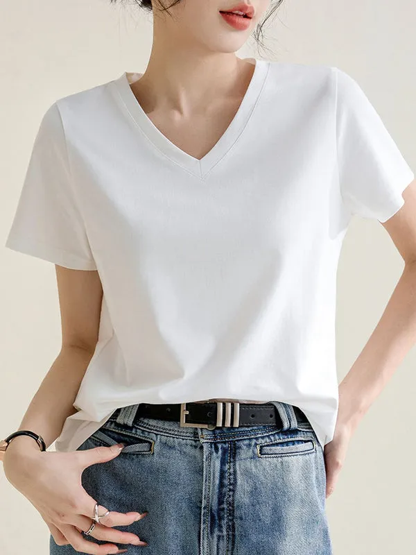 Loose Short Sleeves Solid Color V-Neck T-Shirts Tops