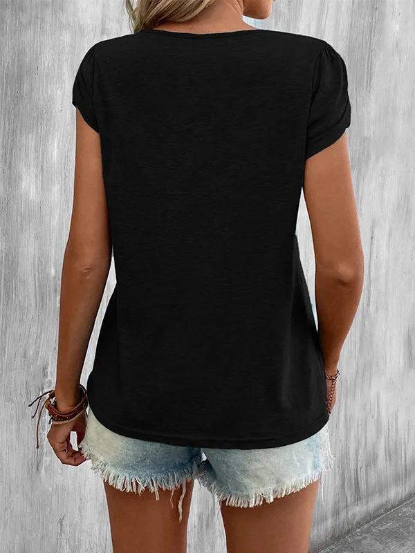 Loose Short Sleeves Solid Color V-Neck T-Shirts Tops