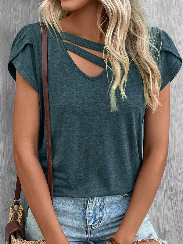 Loose Short Sleeves Solid Color V-Neck T-Shirts Tops