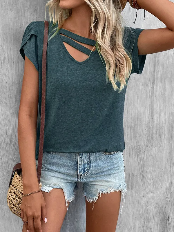 Loose Short Sleeves Solid Color V-Neck T-Shirts Tops