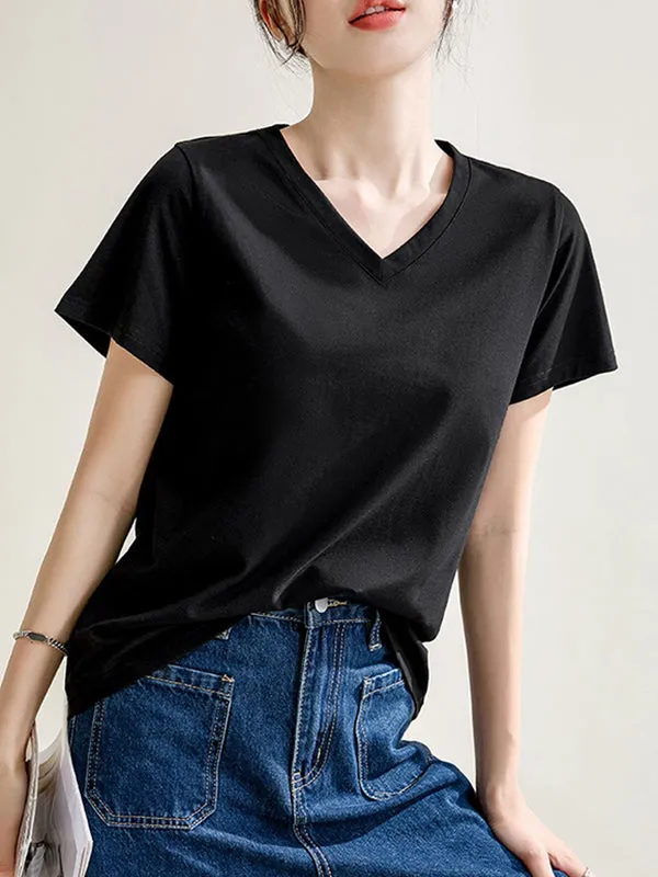 Loose Short Sleeves Solid Color V-Neck T-Shirts Tops