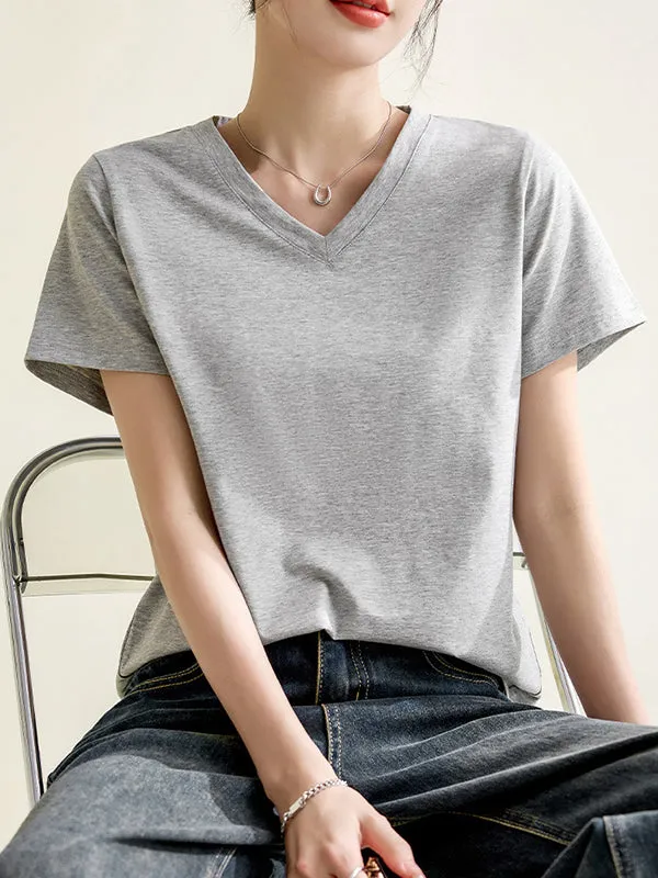 Loose Short Sleeves Solid Color V-Neck T-Shirts Tops