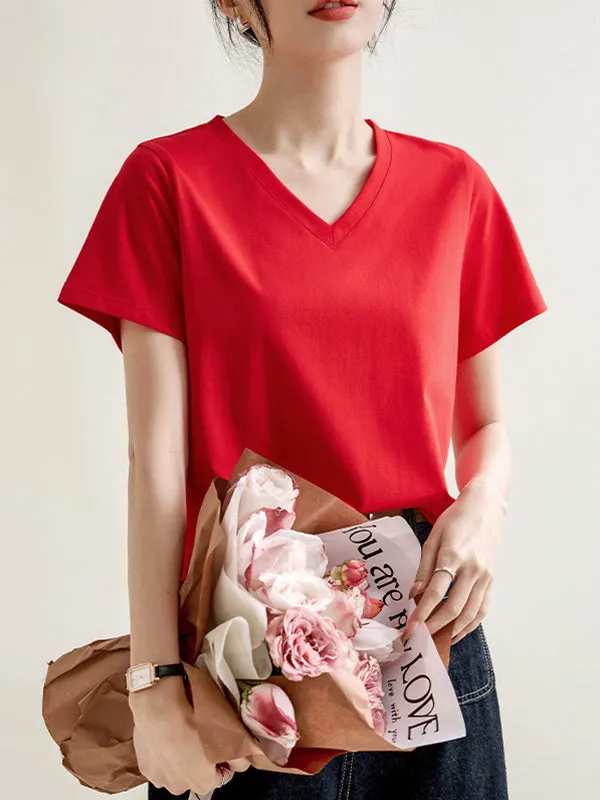 Loose Short Sleeves Solid Color V-Neck T-Shirts Tops