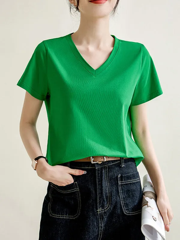 Loose Short Sleeves Solid Color V-Neck T-Shirts Tops