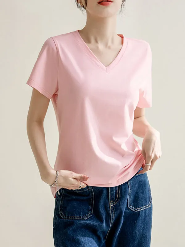 Loose Short Sleeves Solid Color V-Neck T-Shirts Tops