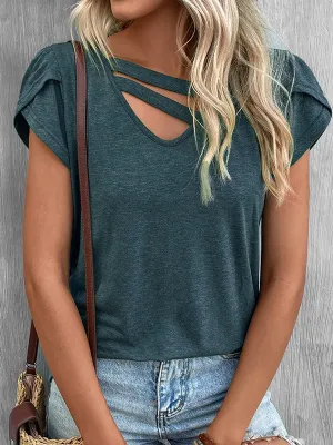 Loose Short Sleeves Solid Color V-Neck T-Shirts Tops