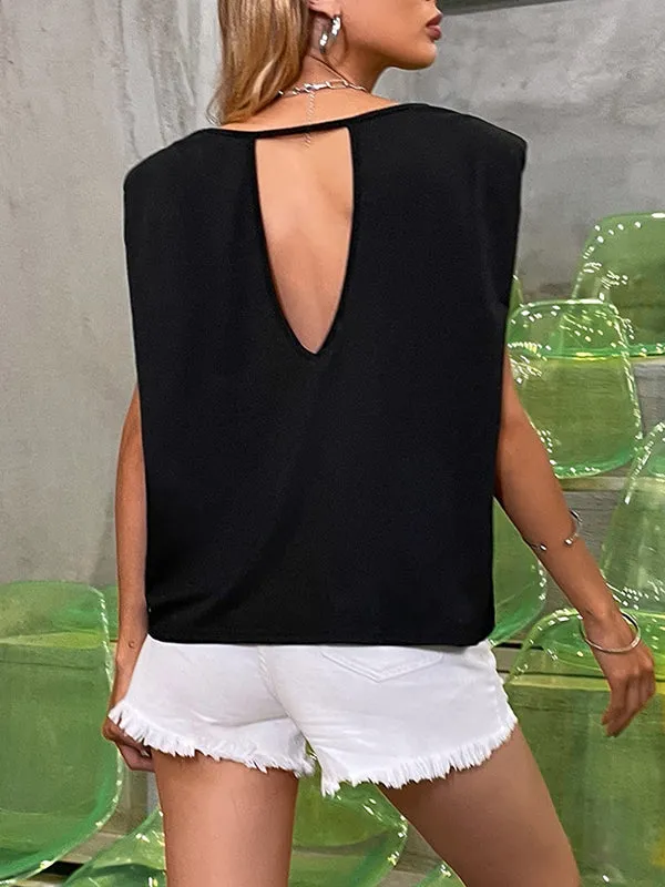 Loose Sleeveless Hollow Shoulder Pad Solid Color Round-Neck T-Shirts Tops