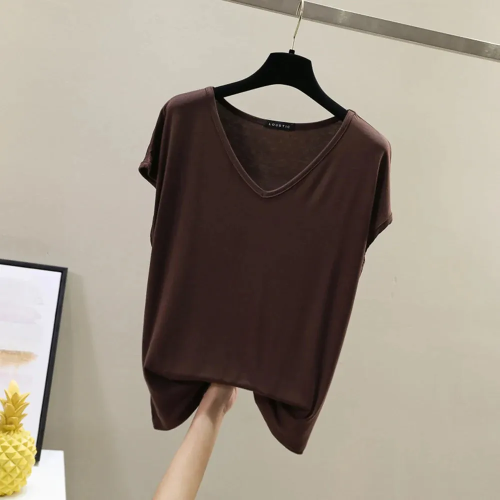 Modal Cotton T-shirts Women Solid Loose V-Neck Short Sleeve Tees Fashion Casual Slim Women Top Home Clothes Undershirt Pullover