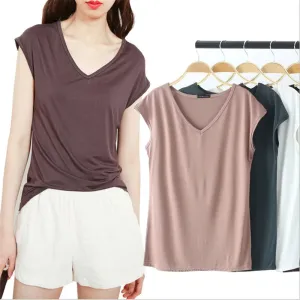 Modal Cotton T-shirts Women Solid Loose V-Neck Short Sleeve Tees Fashion Casual Slim Women Top Home Clothes Undershirt Pullover