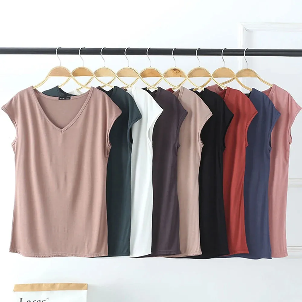 Modal Cotton T-shirts Women Solid Loose V-Neck Short Sleeve Tees Fashion Casual Slim Women Top Home Clothes Undershirt Pullover