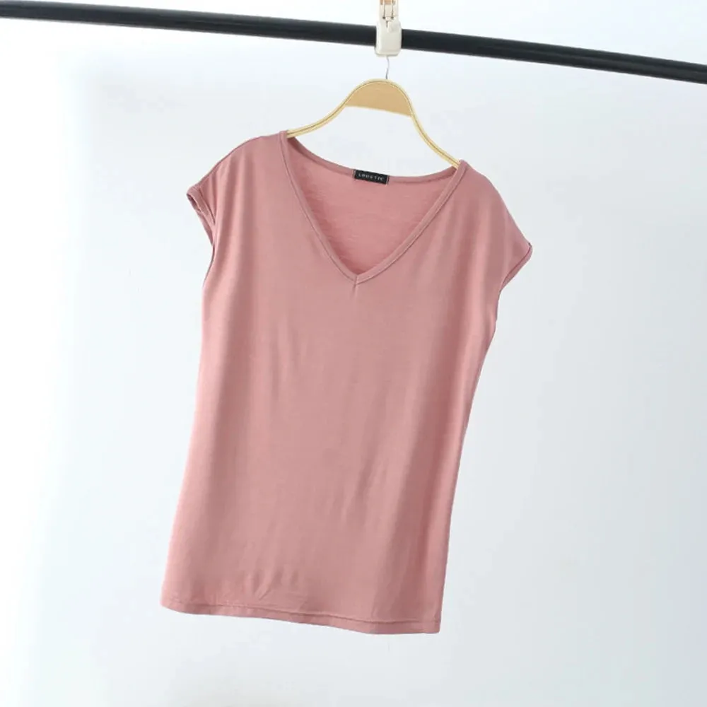 Modal Cotton T-shirts Women Solid Loose V-Neck Short Sleeve Tees Fashion Casual Slim Women Top Home Clothes Undershirt Pullover