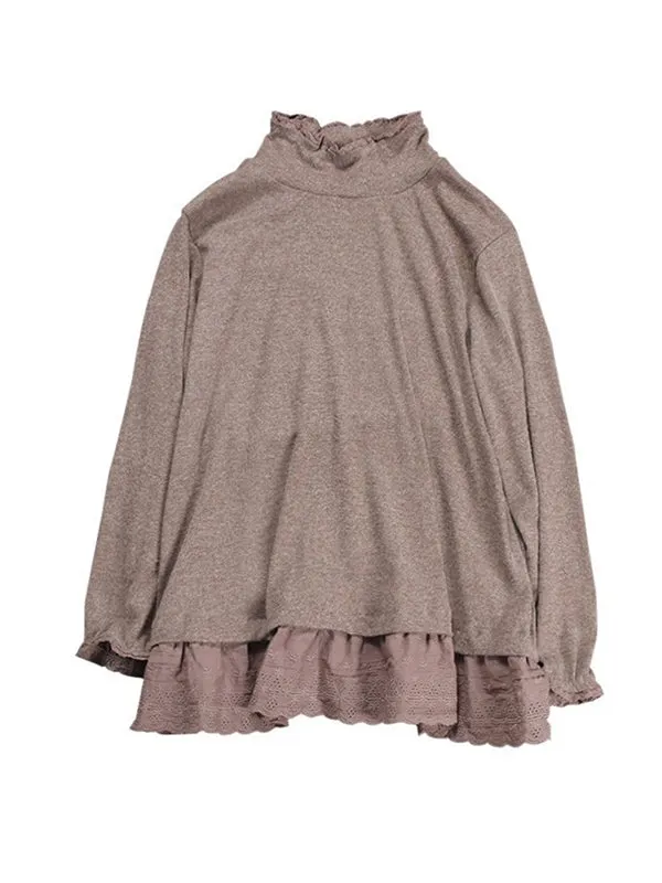 Original Creation Long Sleeves Loose Ruffled Solid Color Stand Collar T-Shirts Tops