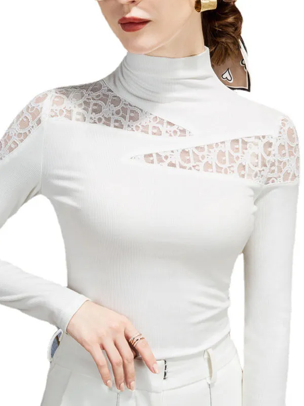 Original Mesh Hollow High-Neck Long Sleeves T-Shirt