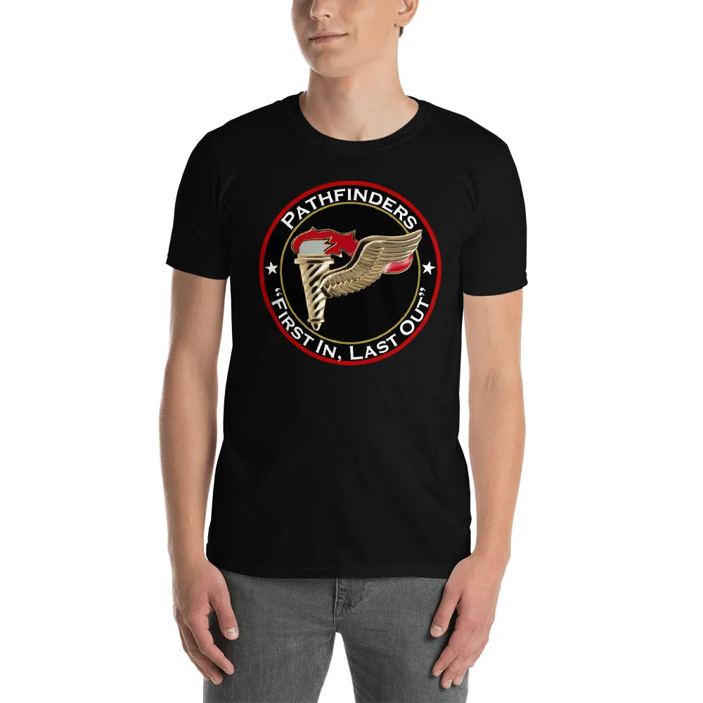 Pathfinder badge and motto First In, Last Out Short-Sleeve Unisex T-Shirt