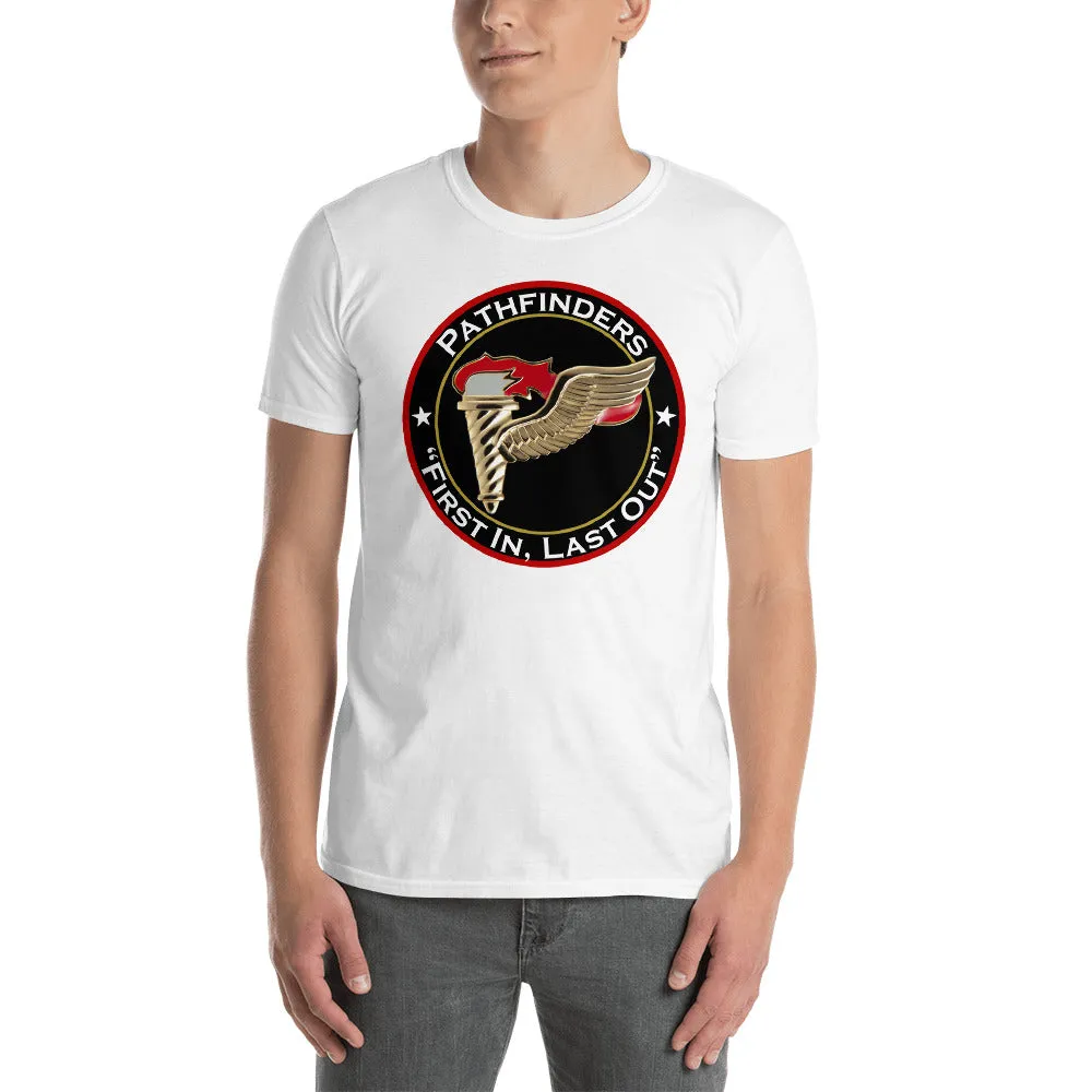 Pathfinder badge and motto First In, Last Out Short-Sleeve Unisex T-Shirt