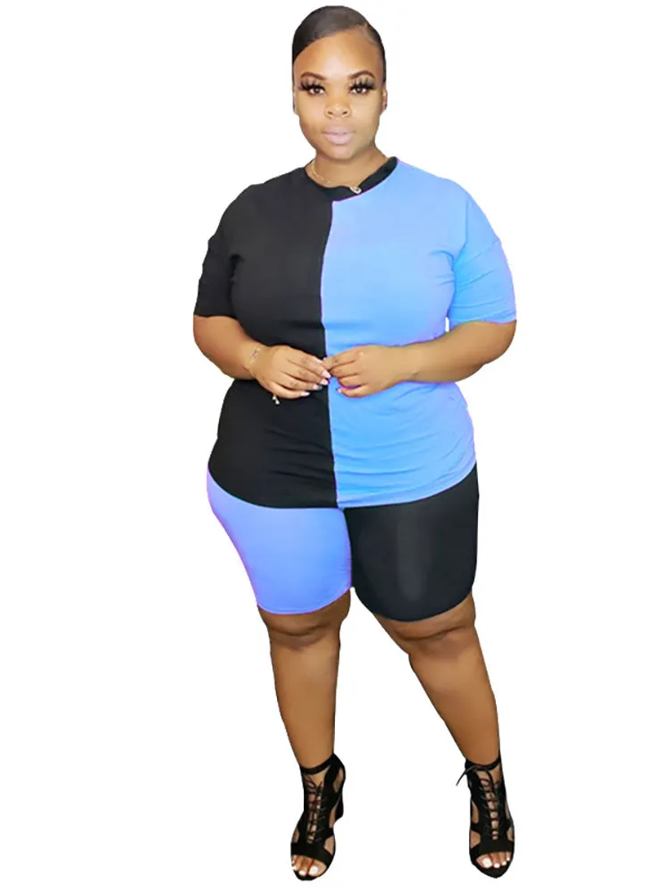 Plus Size 2 Piece Color Block T-Shirt Shorts Sets Tracksuits