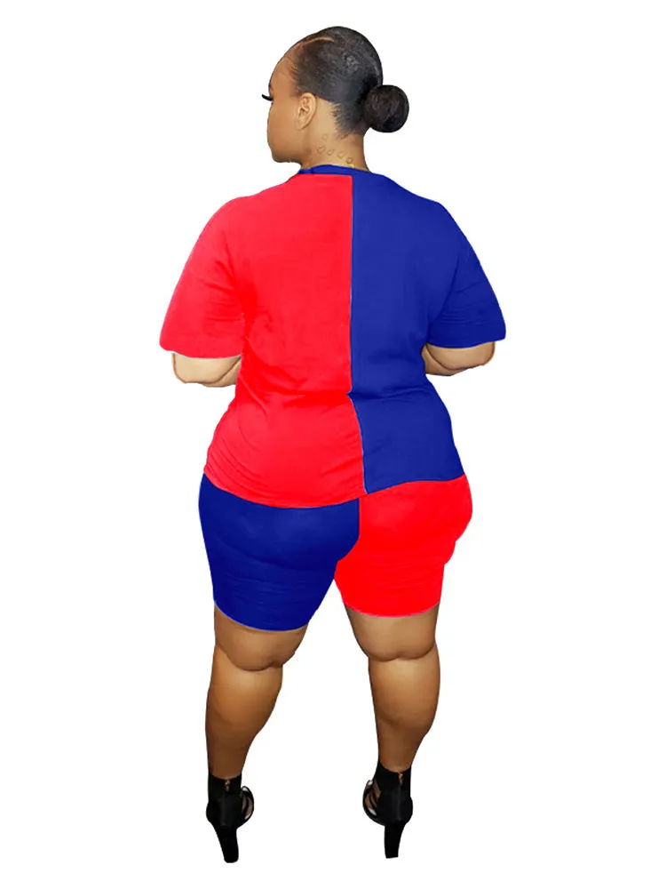 Plus Size 2 Piece Color Block T-Shirt Shorts Sets Tracksuits