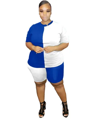 Plus Size 2 Piece Color Block T-Shirt Shorts Sets Tracksuits