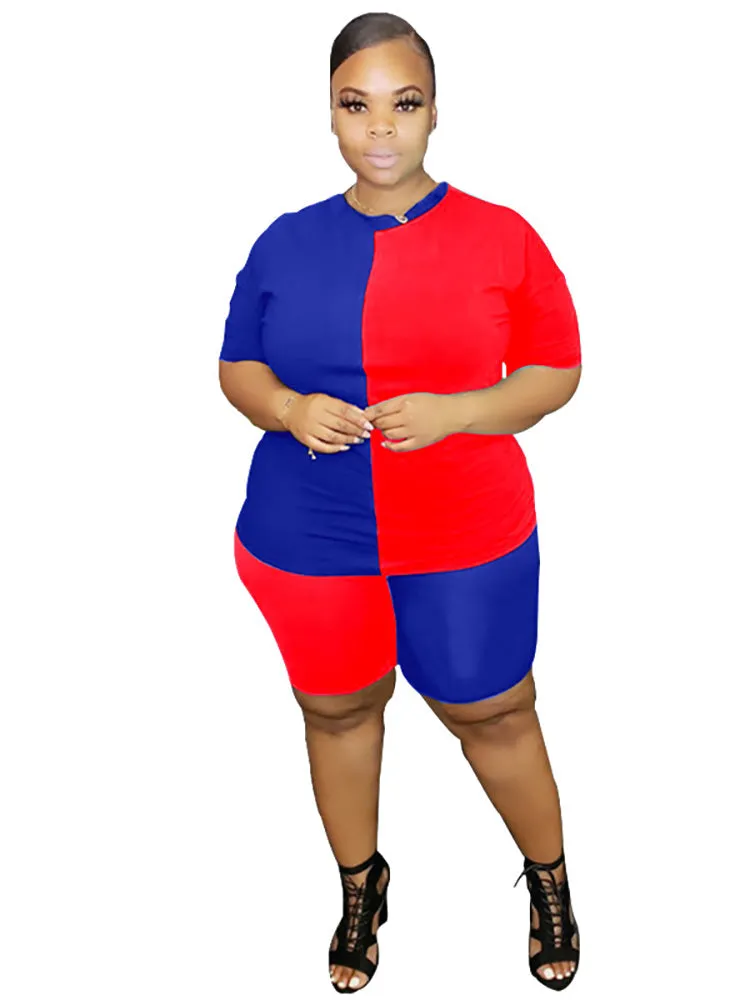 Plus Size 2 Piece Color Block T-Shirt Shorts Sets Tracksuits