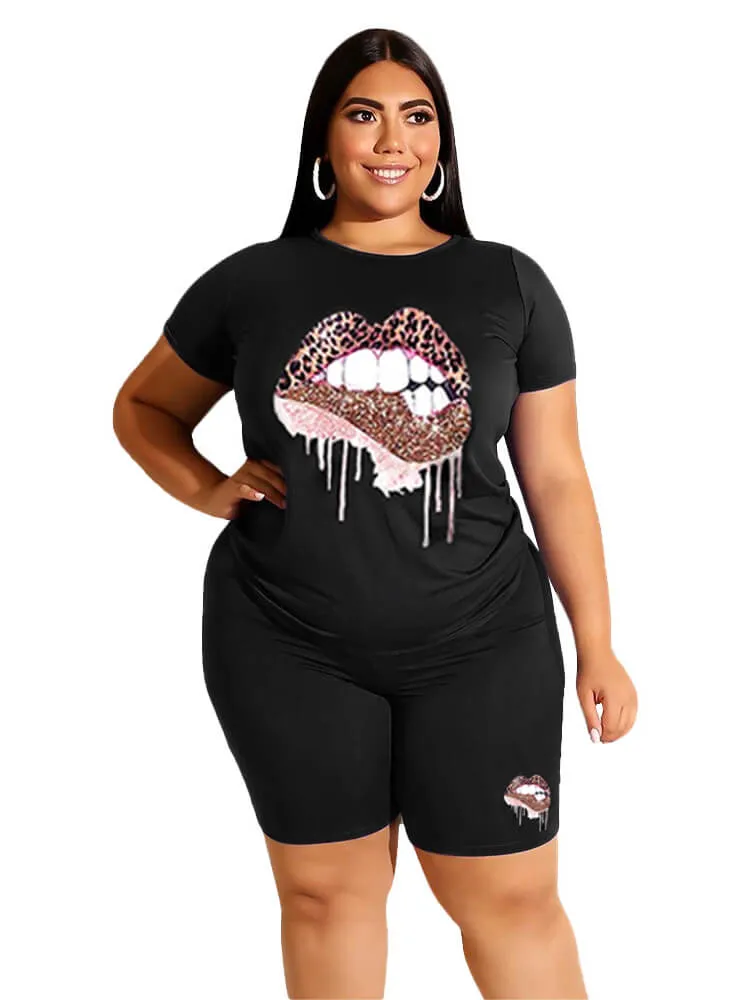 Plus Size Two Piece Short Sleeve Tops Shorts Sets