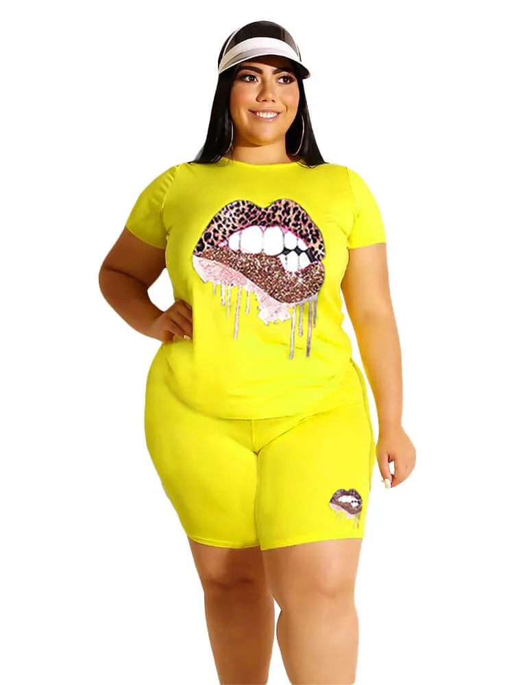 Plus Size Two Piece Short Sleeve Tops Shorts Sets