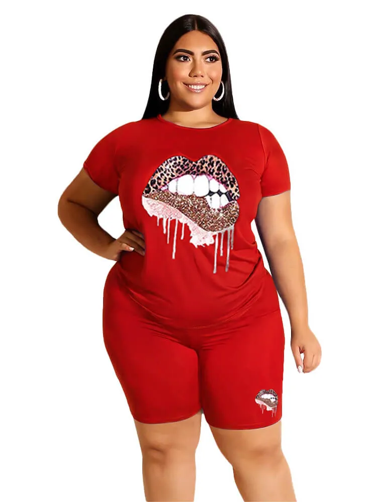 Plus Size Two Piece Short Sleeve Tops Shorts Sets