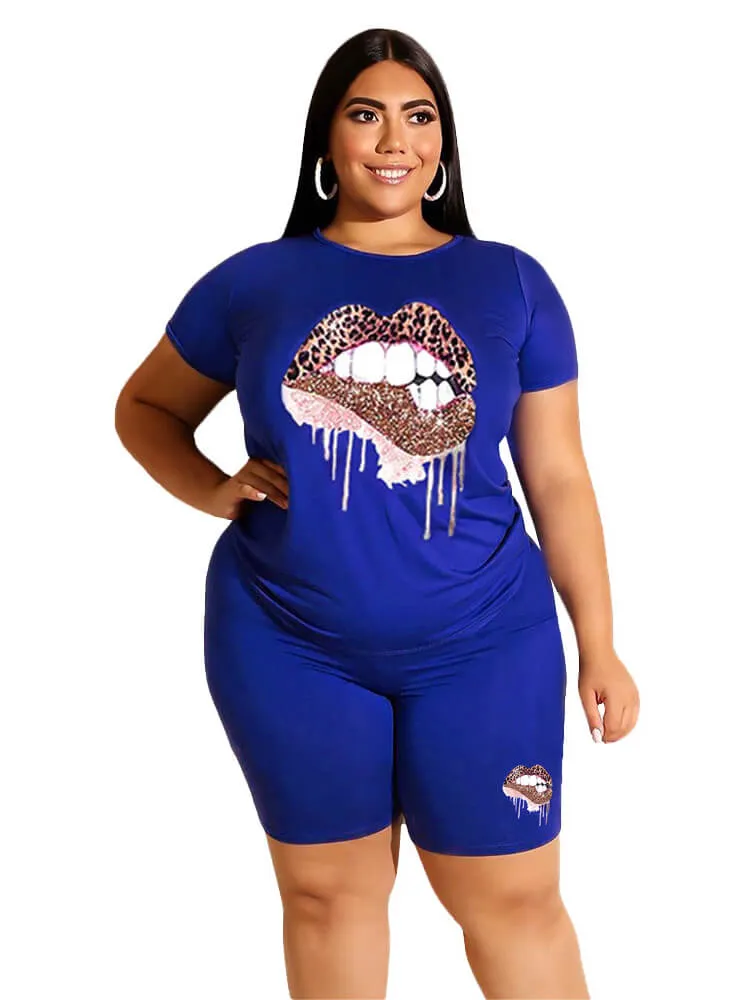 Plus Size Two Piece Short Sleeve Tops Shorts Sets