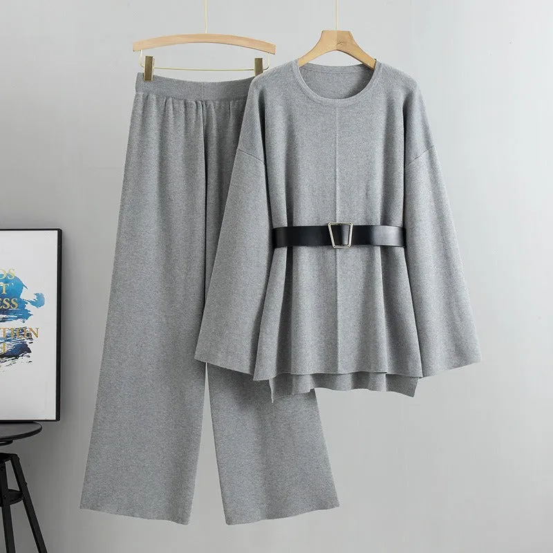 Pre Order: Knitted Loose Belted Sweater   Wide Leg Pants Set