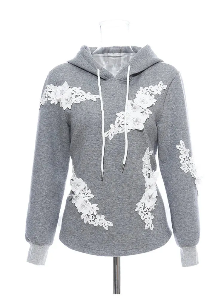 Pre Order:  Lace Patchwork Long Sleeve Gray Hoodie