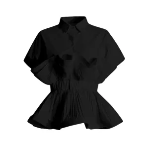 Pre Order:  Ruffle Edge Patchwork Waist Cinching Short Sleeved Shirt