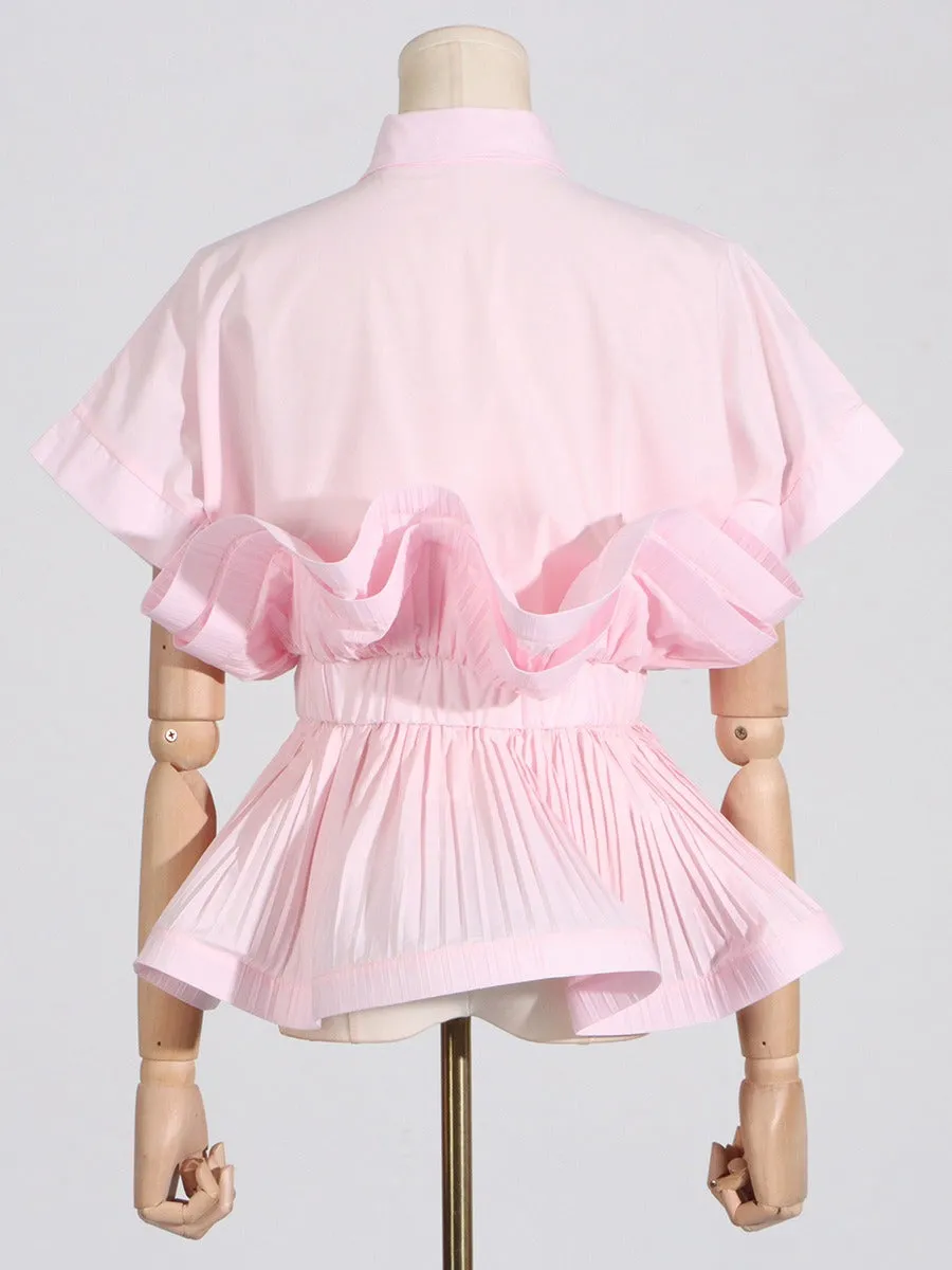 Pre Order:  Ruffle Edge Patchwork Waist Cinching Short Sleeved Shirt